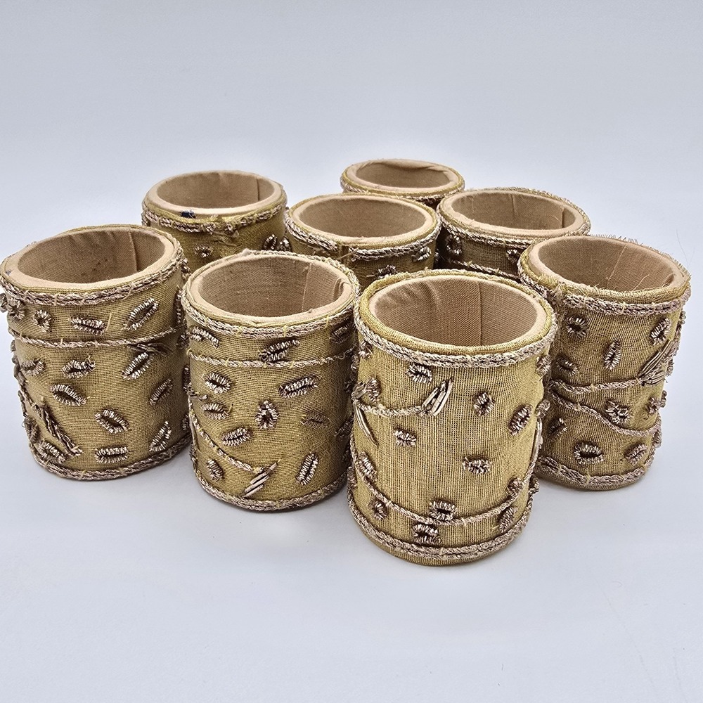 Set (8) Vtg Round Napkin Rings Holders Gold-Tone Cloth Wrapped Bead Jewels‎